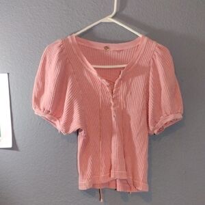 Free People FP One Hayden Pink Thermal Blouse Puff Sleeve Lace Up XS